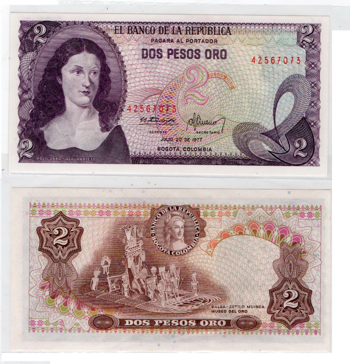 Colombia #413b 2 Peso Oro 20.07.1977